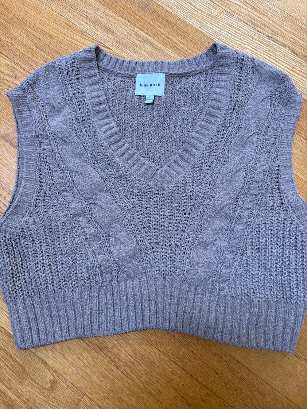 Pink Rose Women's Taupe Cable-Knit V-Neck Sweater Vest